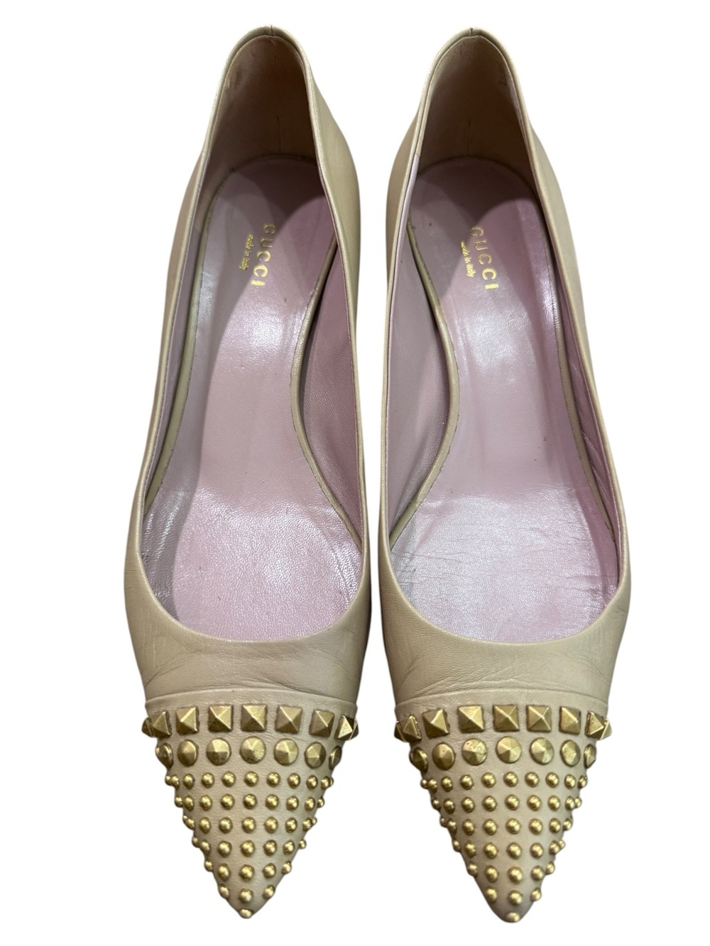 GUCCI Coline Studded Pointed Kitten Heel Pumps Camel Leather Gold-Studs EU 39.5